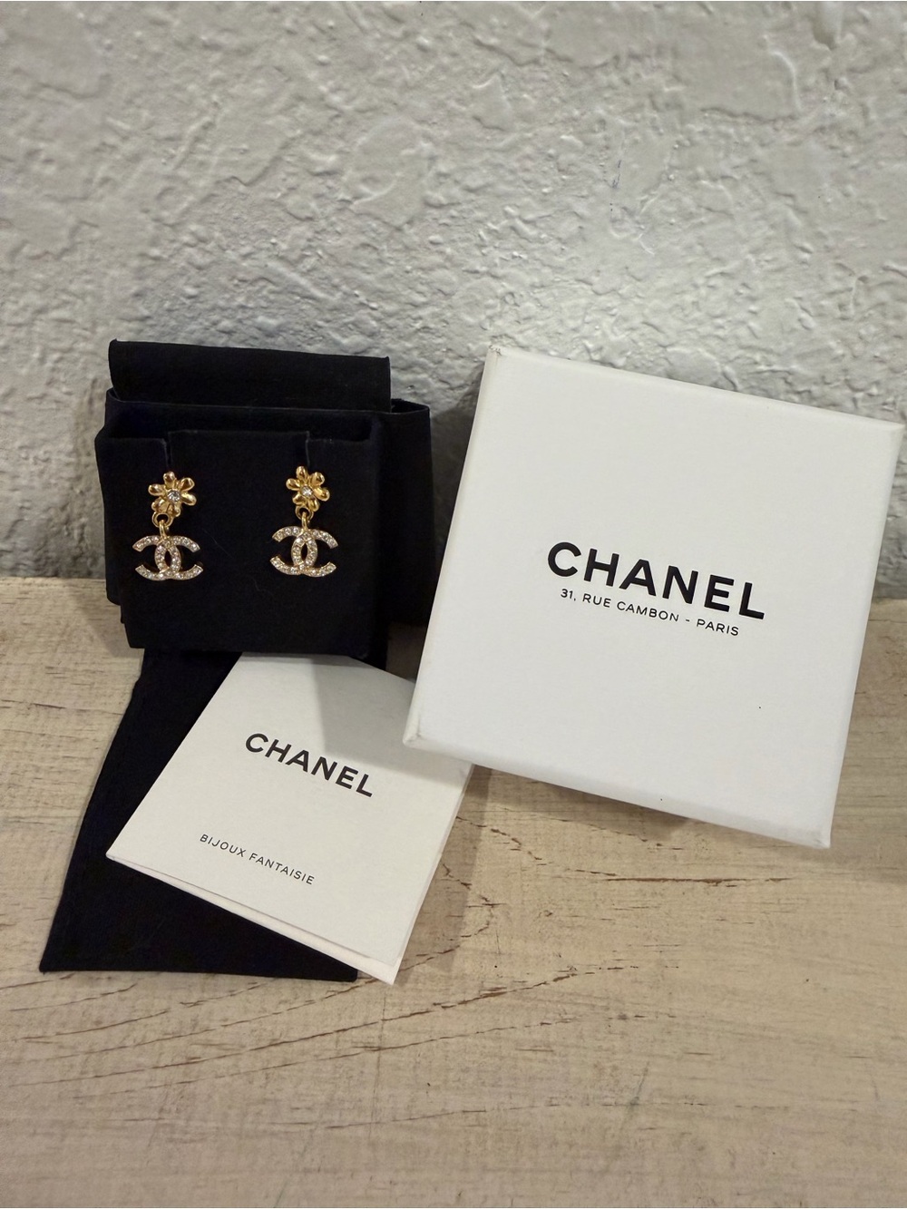 CHANEL Gold Tone CC Flower Drop Earrings with Crystal Accents
